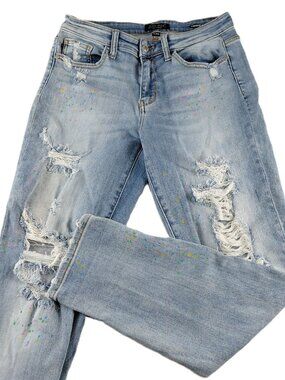 Judy Blue Boyfriend Fit Jean Women's 7/28 Light Wash Paint Splatter Mid Rise